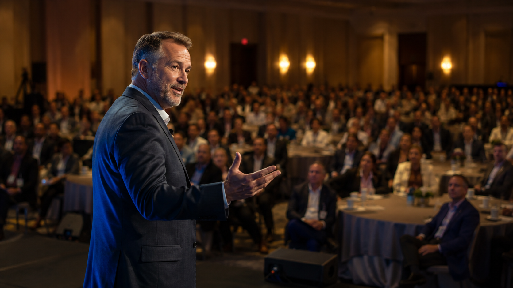 A keynote speaker addressing a seated audience of sales and HR leaders in a warmly lit hotel ballroom during a corporate revenue summit.