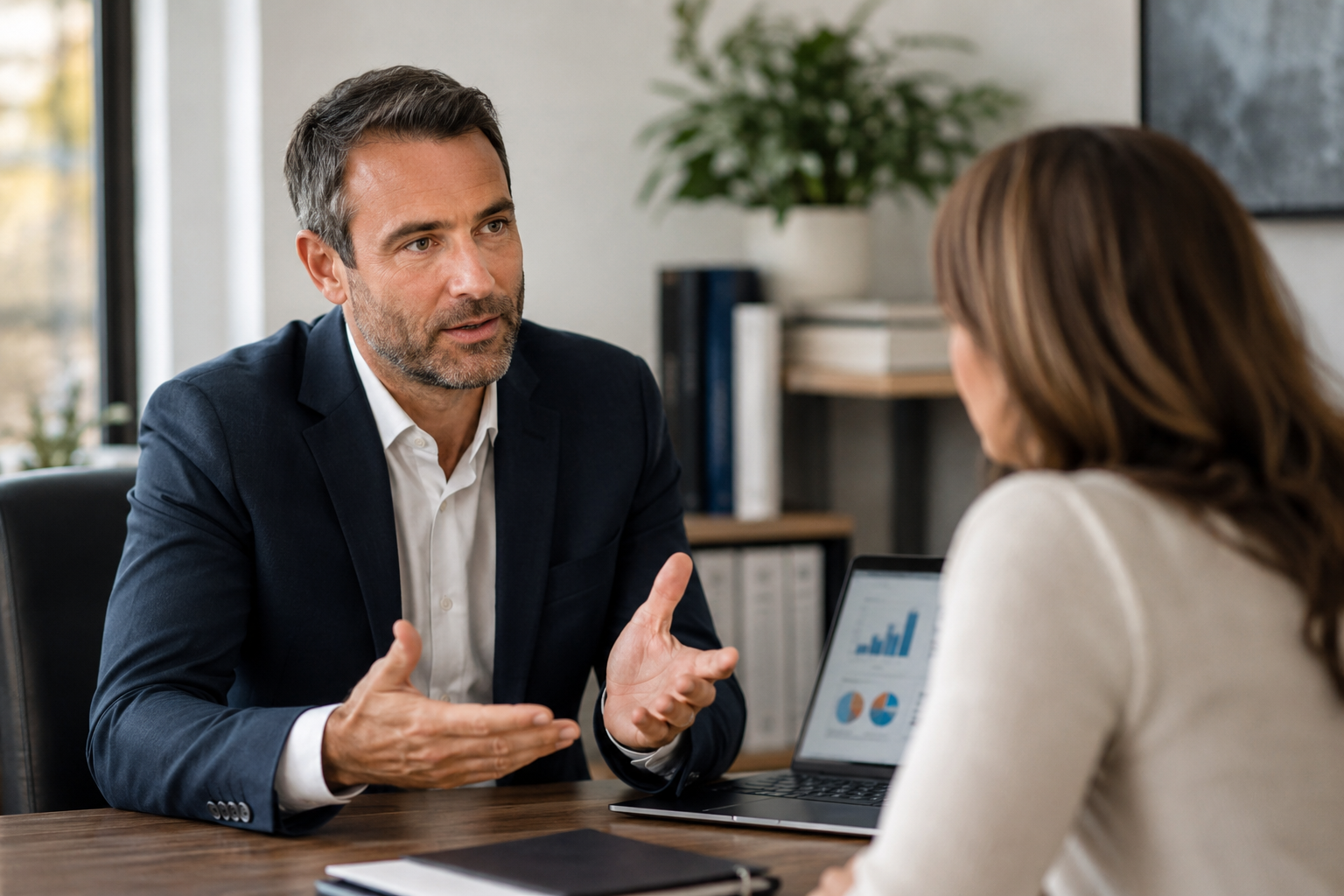 A financial advisor walks a client through portfolio data on a laptop in a trust-focused conversation, representing the credibility-driven selling that sales training for banks and financial services has to serve.