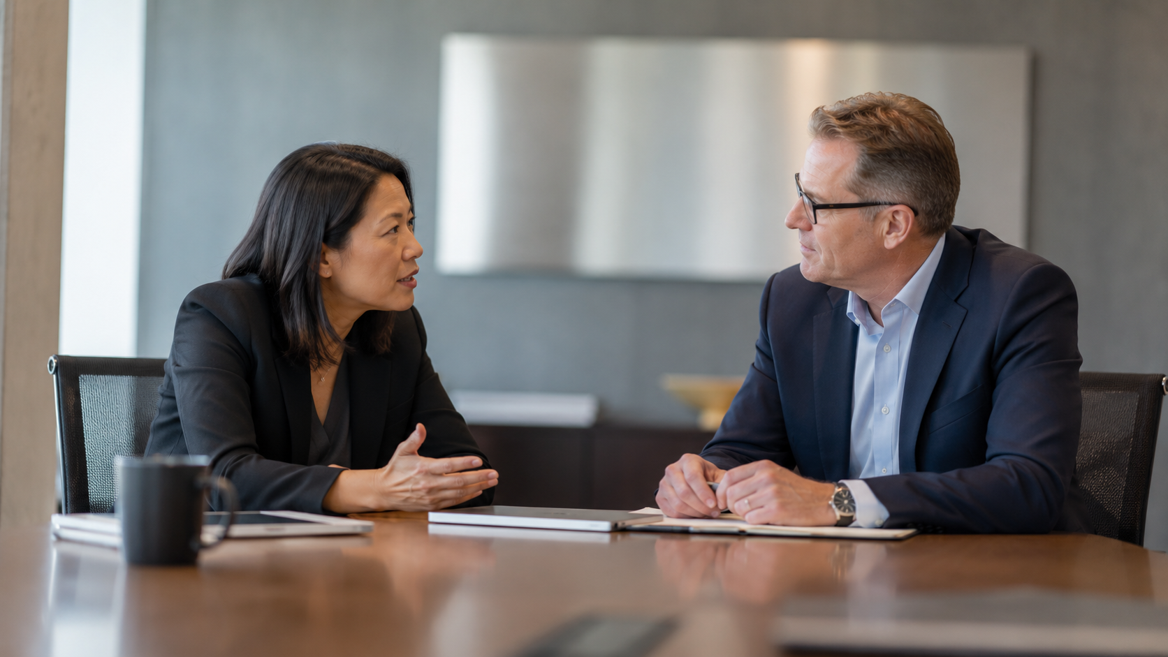 A sales leader and a buyer in close conversation across a conference table while a company logo sign sits blurred in the background of the room.