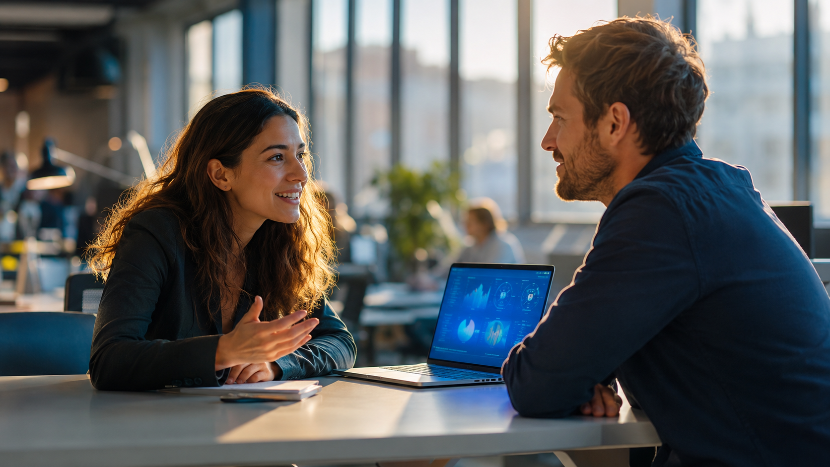 A seller and a buyer leaning in across a table in a bright office while a laptop showing dashboards sits open and ignored beside them.