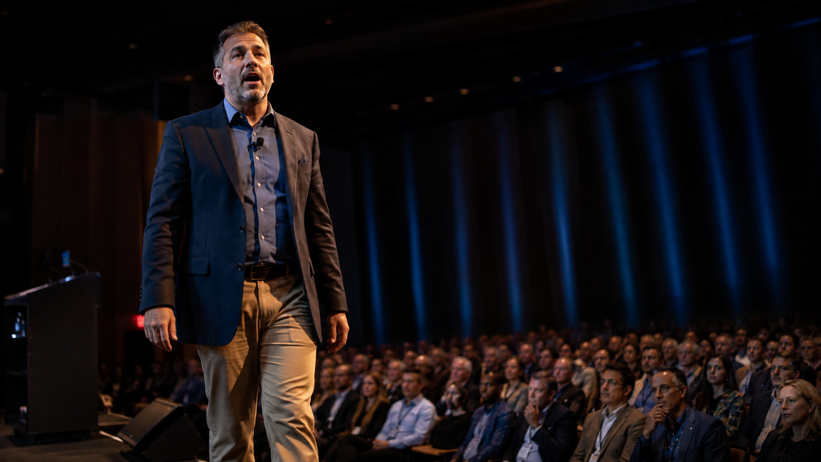 A keynote speaker steps away from the podium toward a large seated audience in a darkened ballroom as the front rows turn forward in their seats.