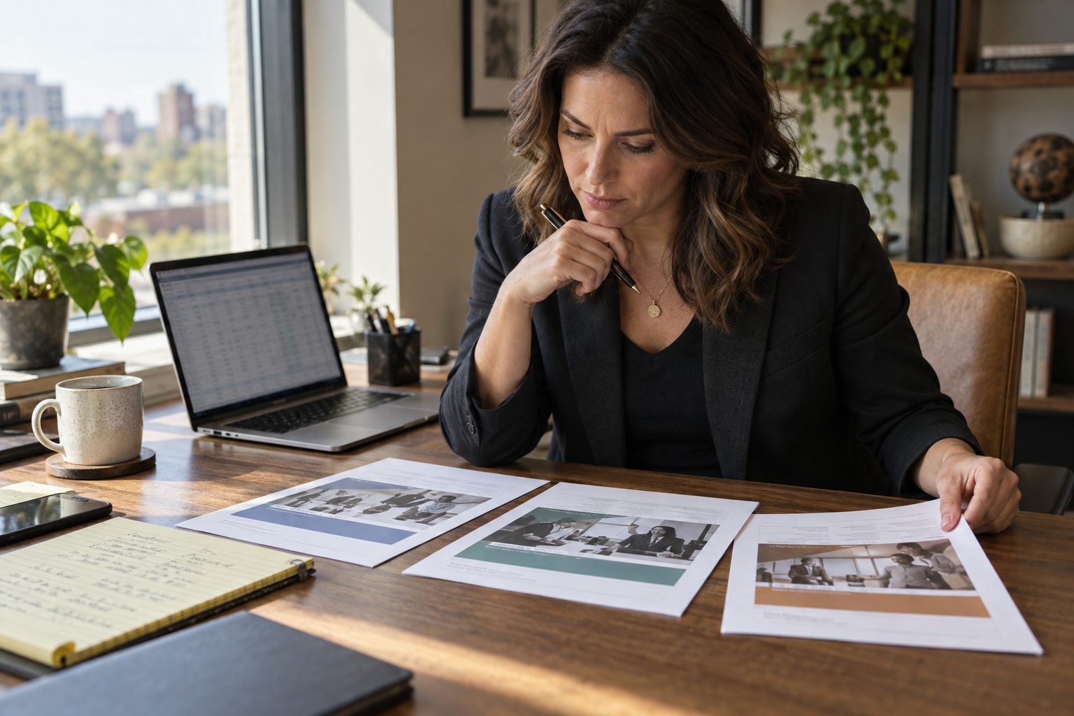A sales enablement leader reviewing sales training program pricing tiers and budget figures on a laptop in a bright office conference room.