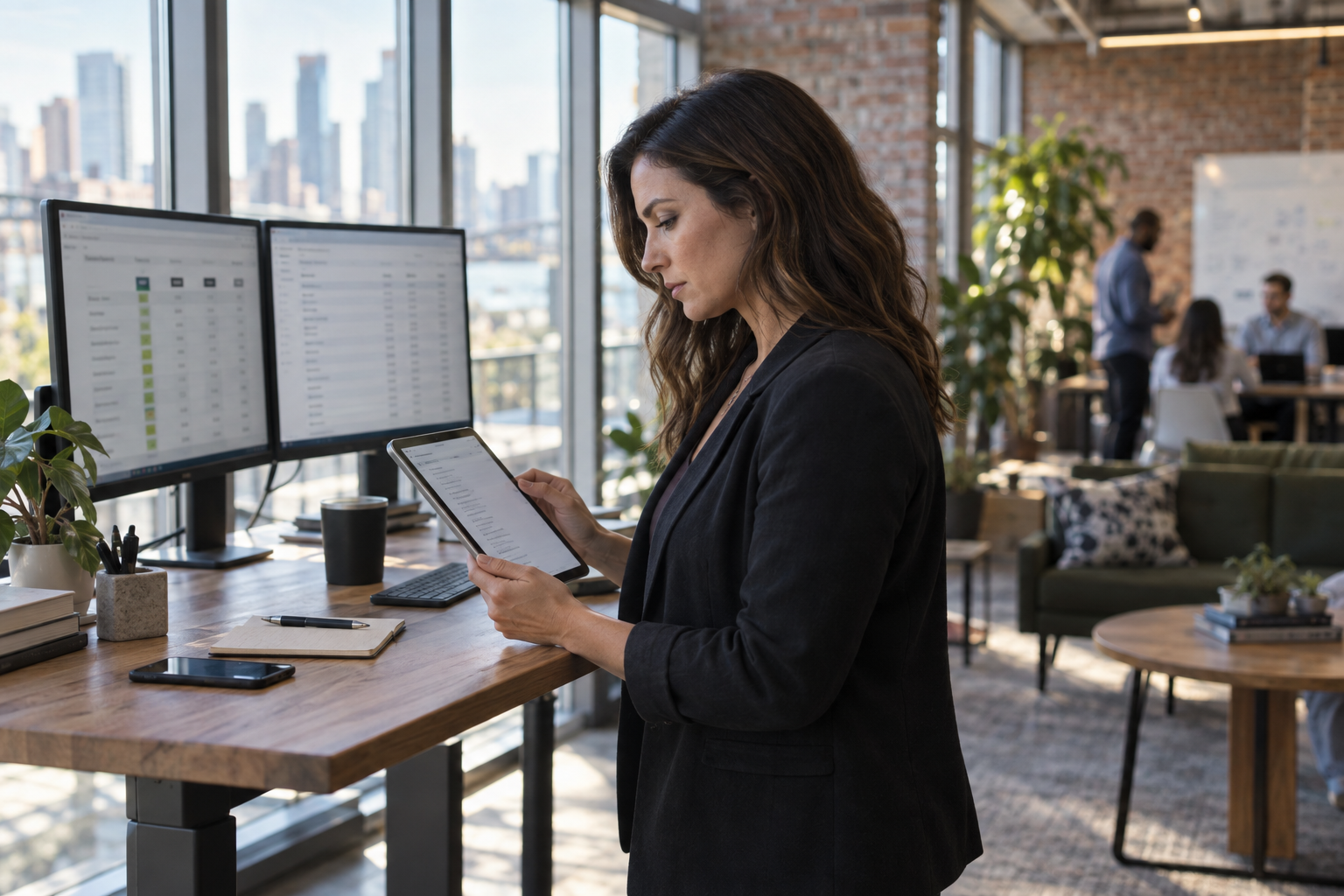 A sales enablement leader at a SaaS company reviews a side-by-side comparison of sales training providers on a laptop, with a software product dashboard visible on a second monitor in the background.
