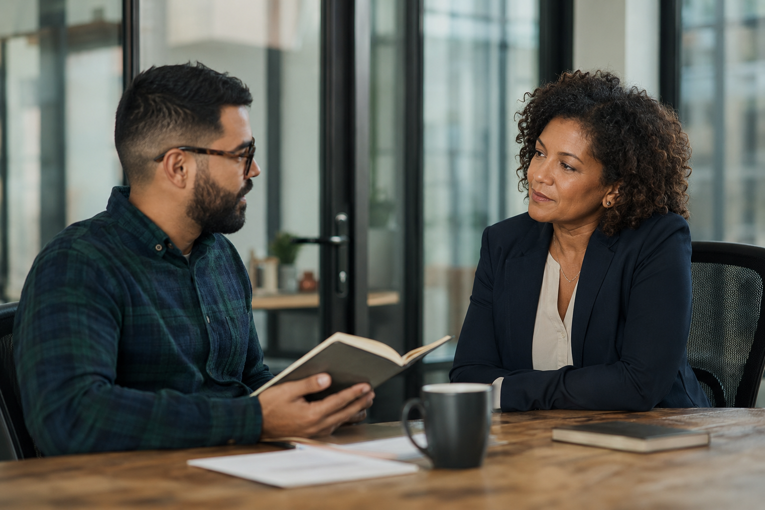 An HR leader and a leadership coach in a one-on-one conversation at a table, illustrating a structured leadership coaching session rather than a lecture-style training room.