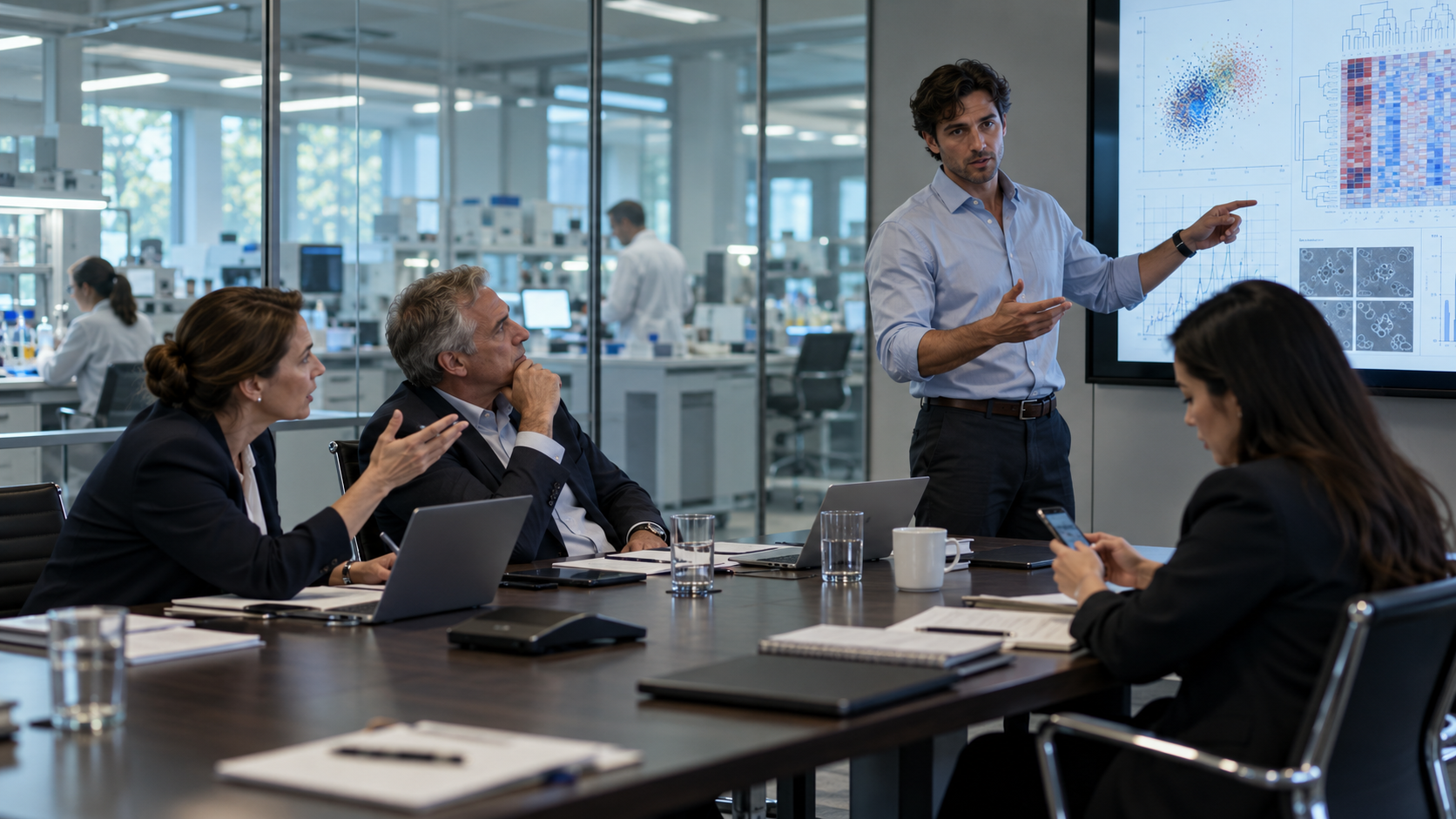 A newly promoted scientific leader points to a dense data slide while biotech executives around the boardroom table react, one with a pointed question.