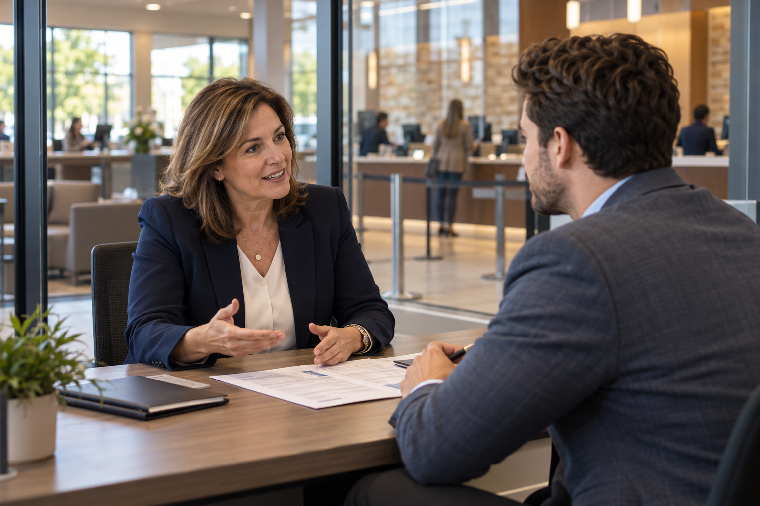 A bank branch manager in a navy blazer talks through a printed plan with a younger colleague in a glass-walled office overlooking the branch lobby.