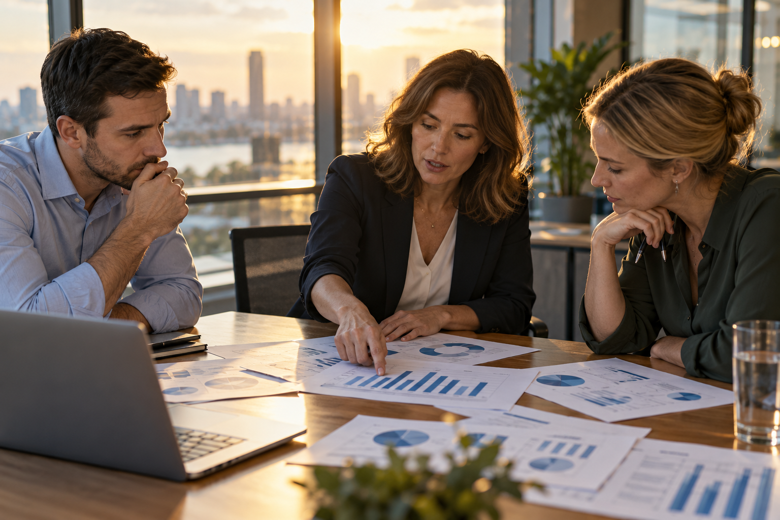 A leader points to a bar chart among printed engagement and training data while two managers study the pages at sunset in a high-rise office.