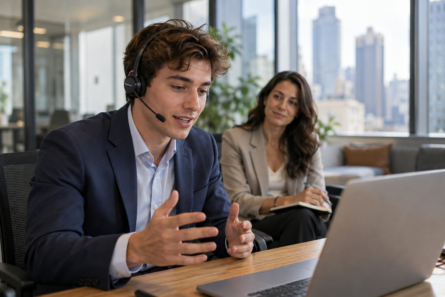 A new sales rep wearing a headset leads a live video call while his manager sits back behind him, observing with a notebook in hand.